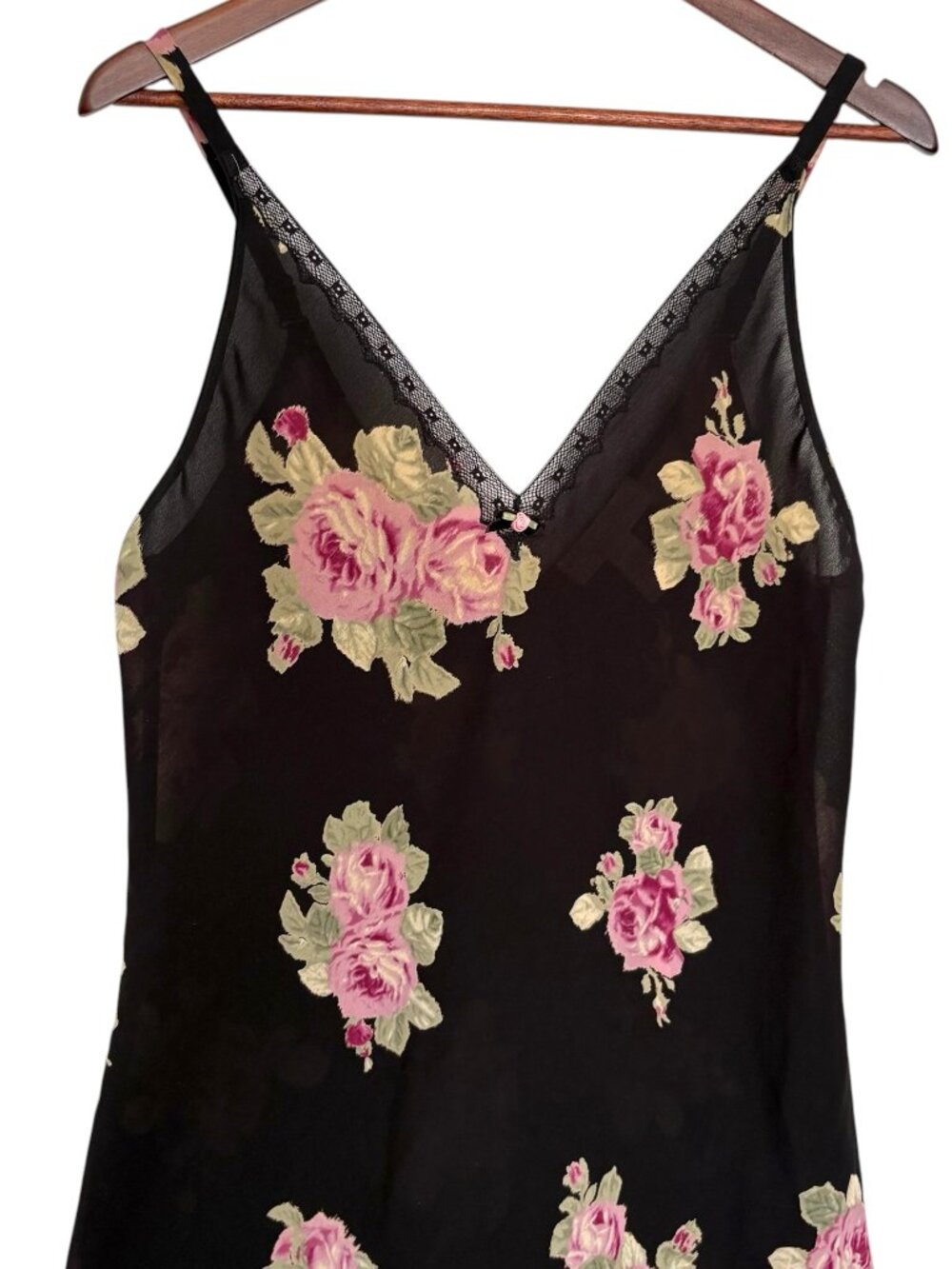 Vintage 90s Oscar De La Renta Midi Slip Dress M Black Pink Roses Floral Romantic